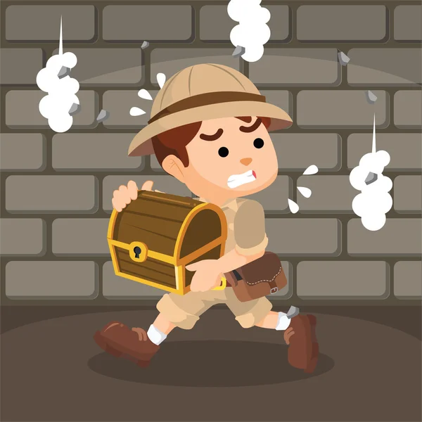 Boy explorer correr después de tomar el tesoro — Vector de stock