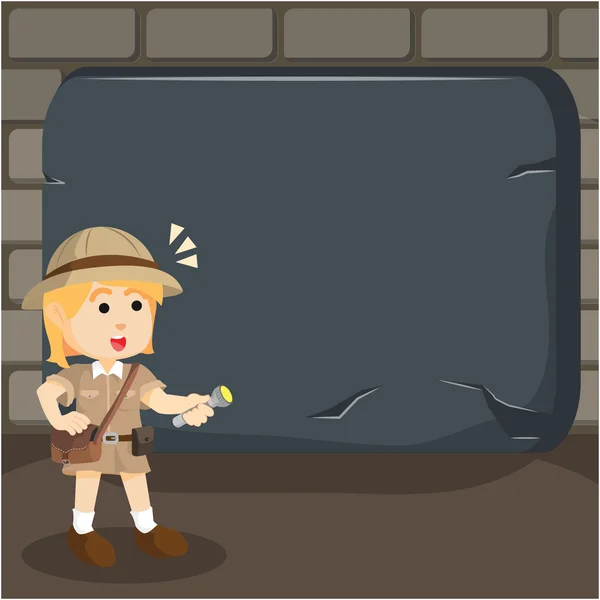 Chica exploradora con tableta de piedra gigante — Vector de stock