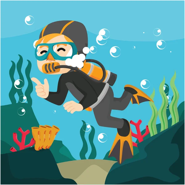 Diver swimming underwater cartoon illustration — Stock Vector