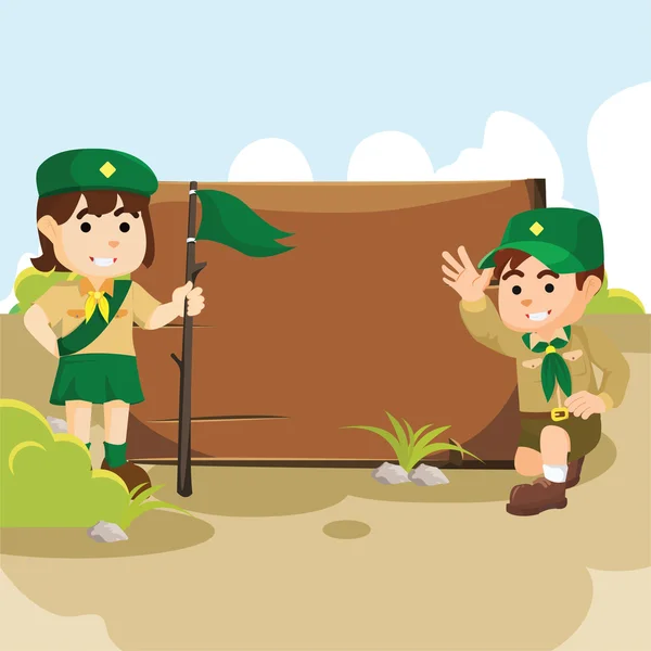 Niño y niña exploradora en el campamento — Vector de stock