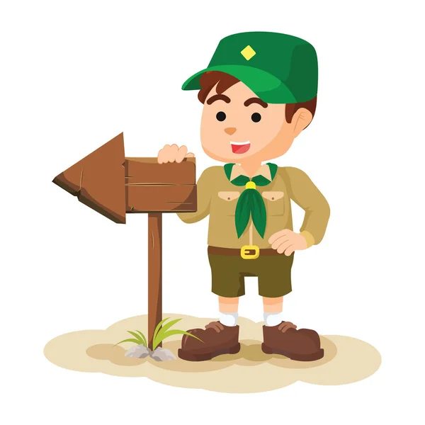 Boy scout holding arrow sign — Stock Vector