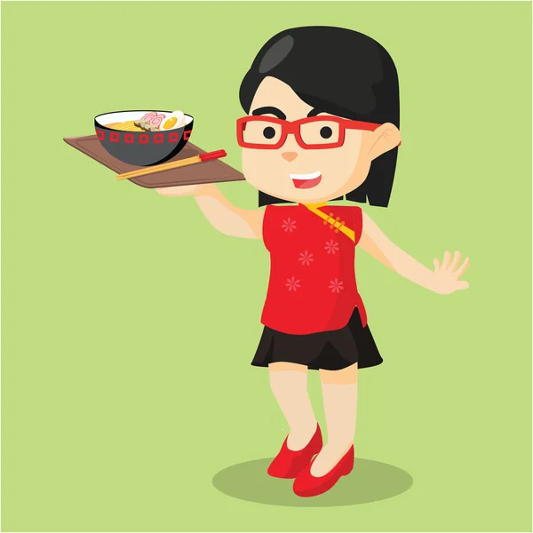 Chinesisches Mädchen serviert Nudeln — Stockvektor