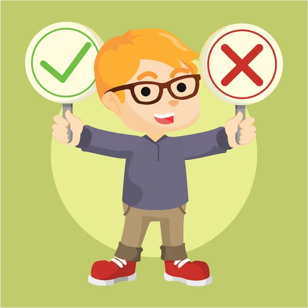 Boy holding right and wrong sign — Stock Vector