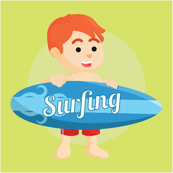 Surfista sosteniendo tabla de surf con signo de surf — Archivo Imágenes Vectoriales