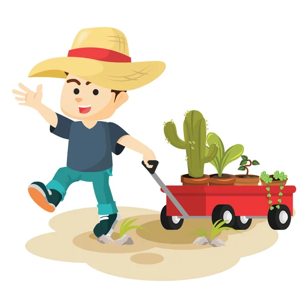 Boy pulling cart full of plant — Stock Vector