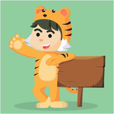 bir çocuk erkek kaplan kostüm işareti ile