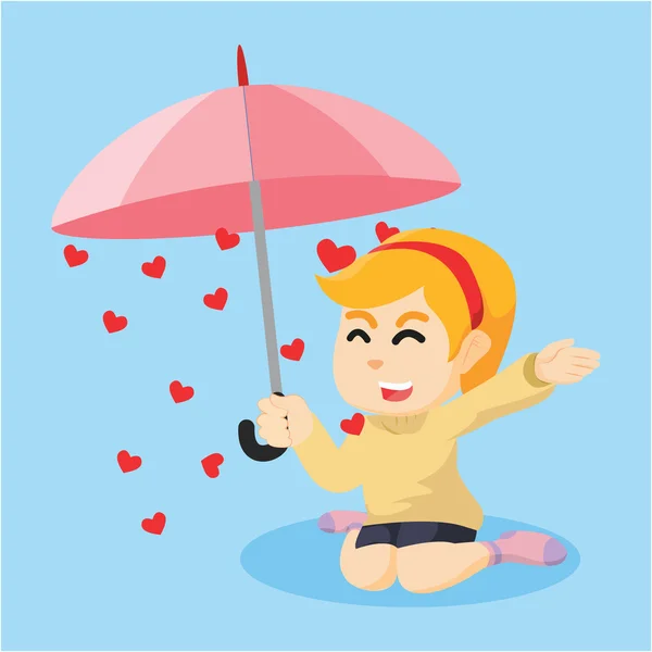 Una chica lloviendo corazón dentro del paraguas — Vector de stock