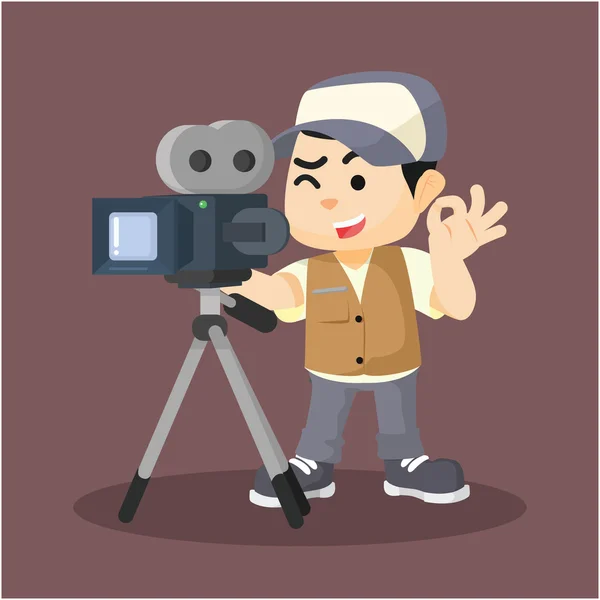 A boy movie cameraman recording — Stock Vector