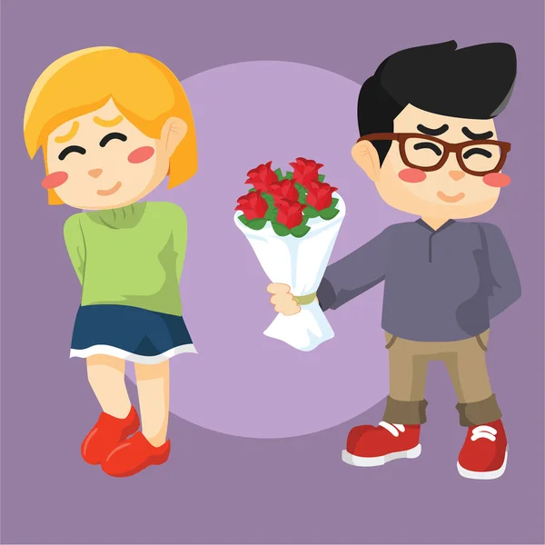 Chico dando chica rosa — Vector de stock