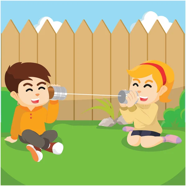 Niño y niña comunicarse con el teléfono de cuerda — Vector de stock