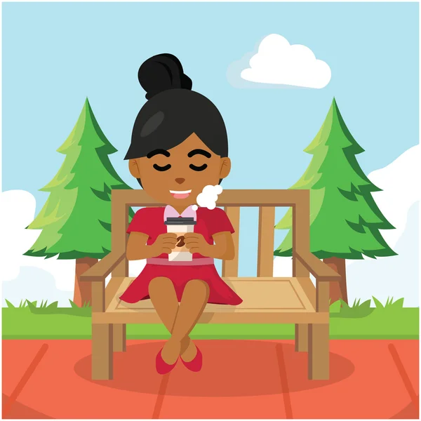 一个女孩在长椅上喝咖啡 — 图库矢量图片