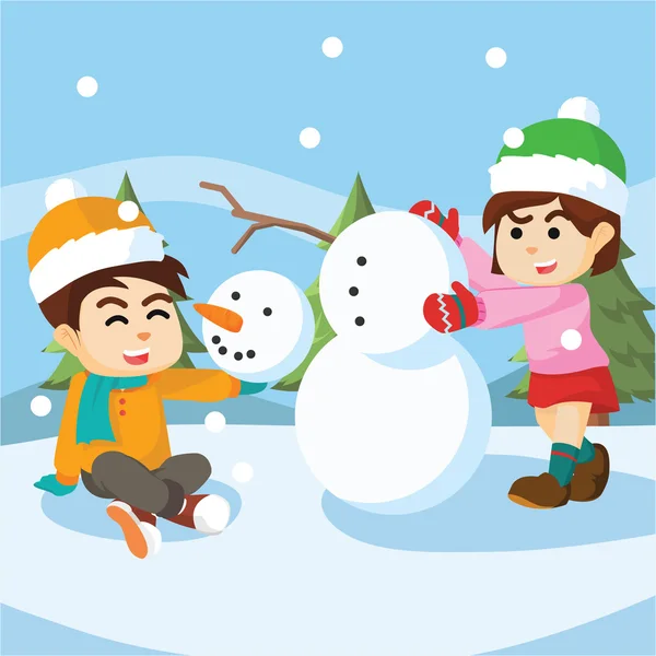 男孩和女孩做雪人 — 图库矢量图片
