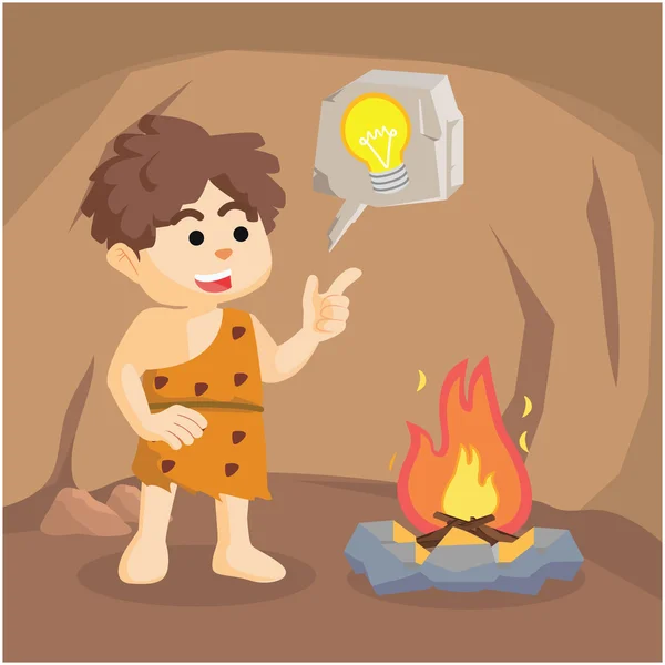 Пещерный мальчик смотрел на огонь, он нашел идею — стоковый вектор