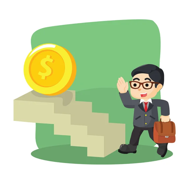 A businessman climb the stairs to get a coin — Stock Vector