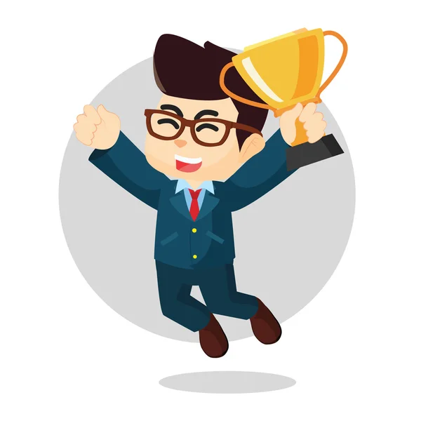 Un homme d'affaires sautant heureux avec un trophée — Image vectorielle