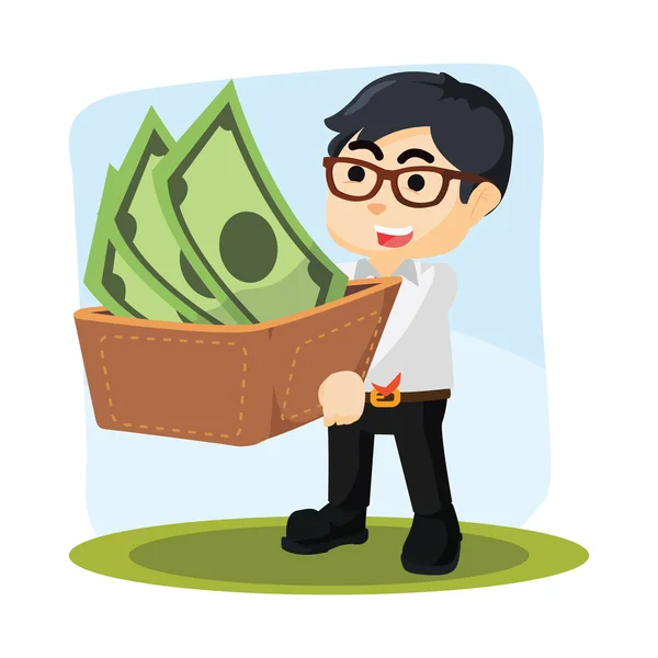 Homem de negócios carregando uma carteira grande e seu dinheiro —  Vetores de Stock