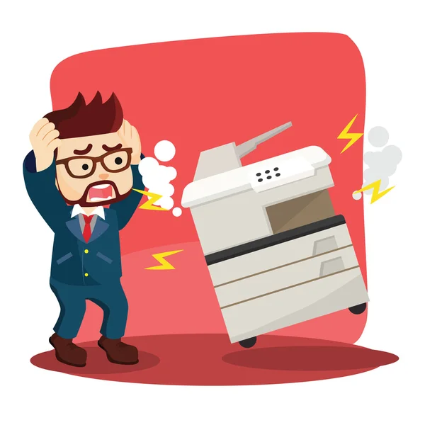 Businessman panic because his photocopy machine was broken — Stock Vector