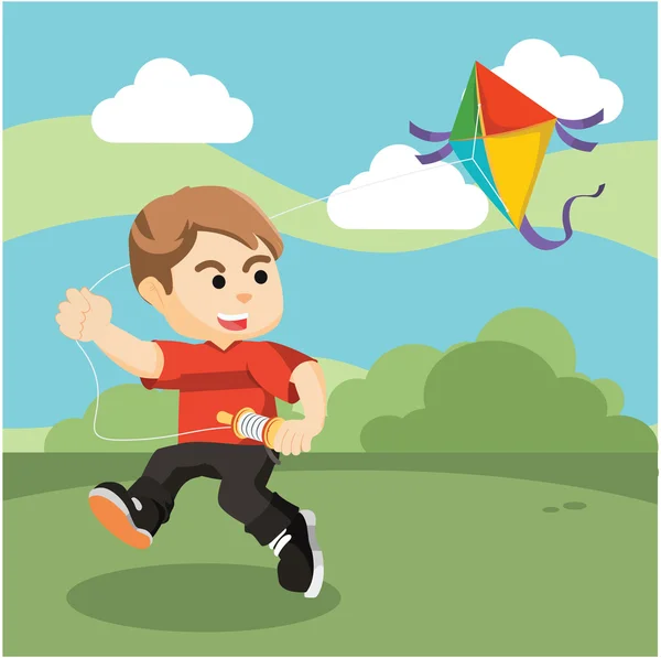 Fiú playing kite-mező — Stock Vector