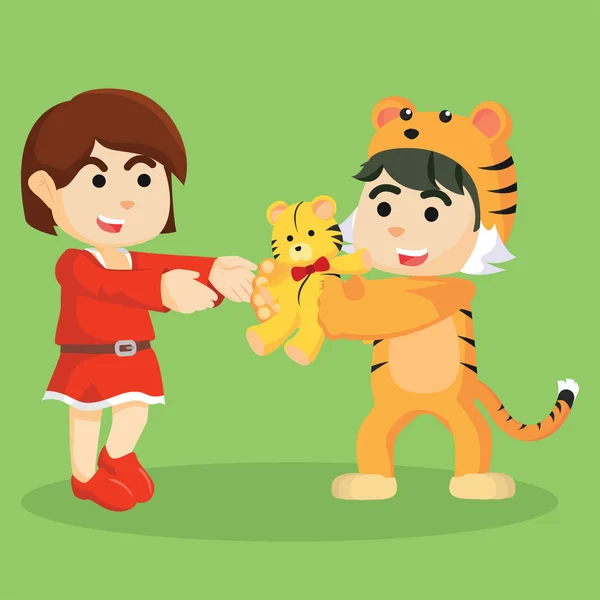 Мужчина в костюме тигра дарит куклу тигра своей подруге — стоковый вектор