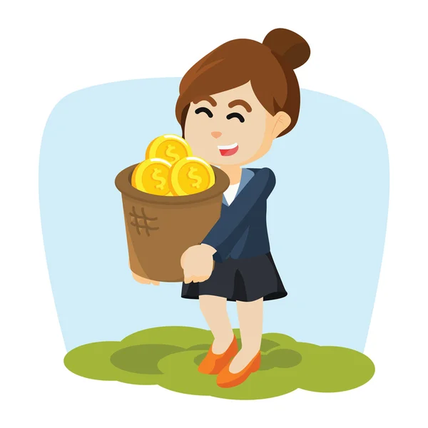 Mujer de negocios llevando monedas Baskett — Vector de stock