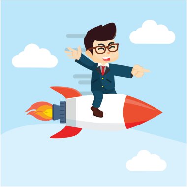 businessman sitting on top of a rocket flying in the air clipart