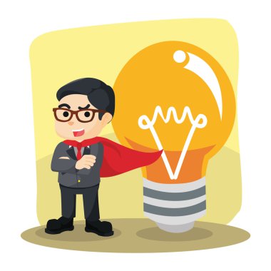 Kahraman işadamı büyük ampul yanında ayakta