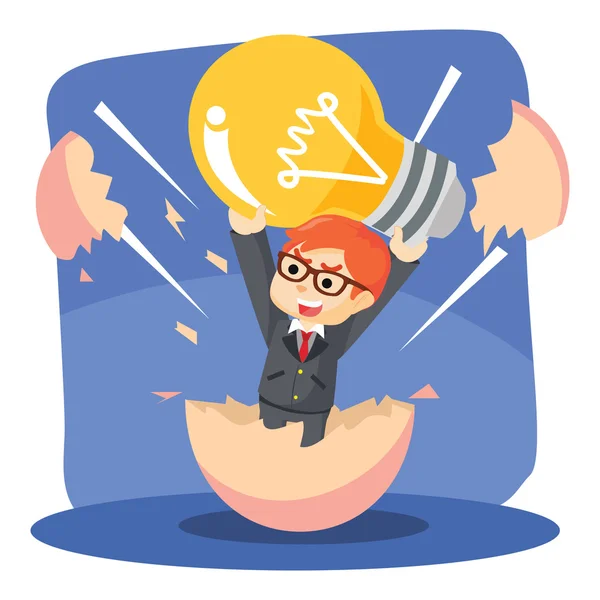 Businessman out of the egg by holding the bulb — Stock Vector