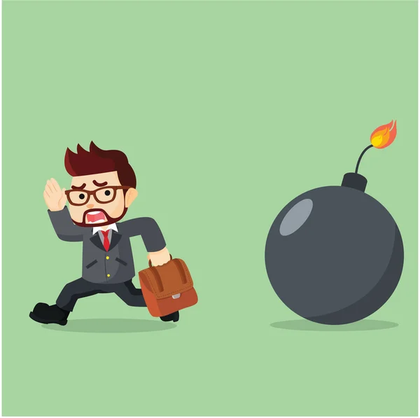 Hombre de negocios huyendo de la bomba — Vector de stock