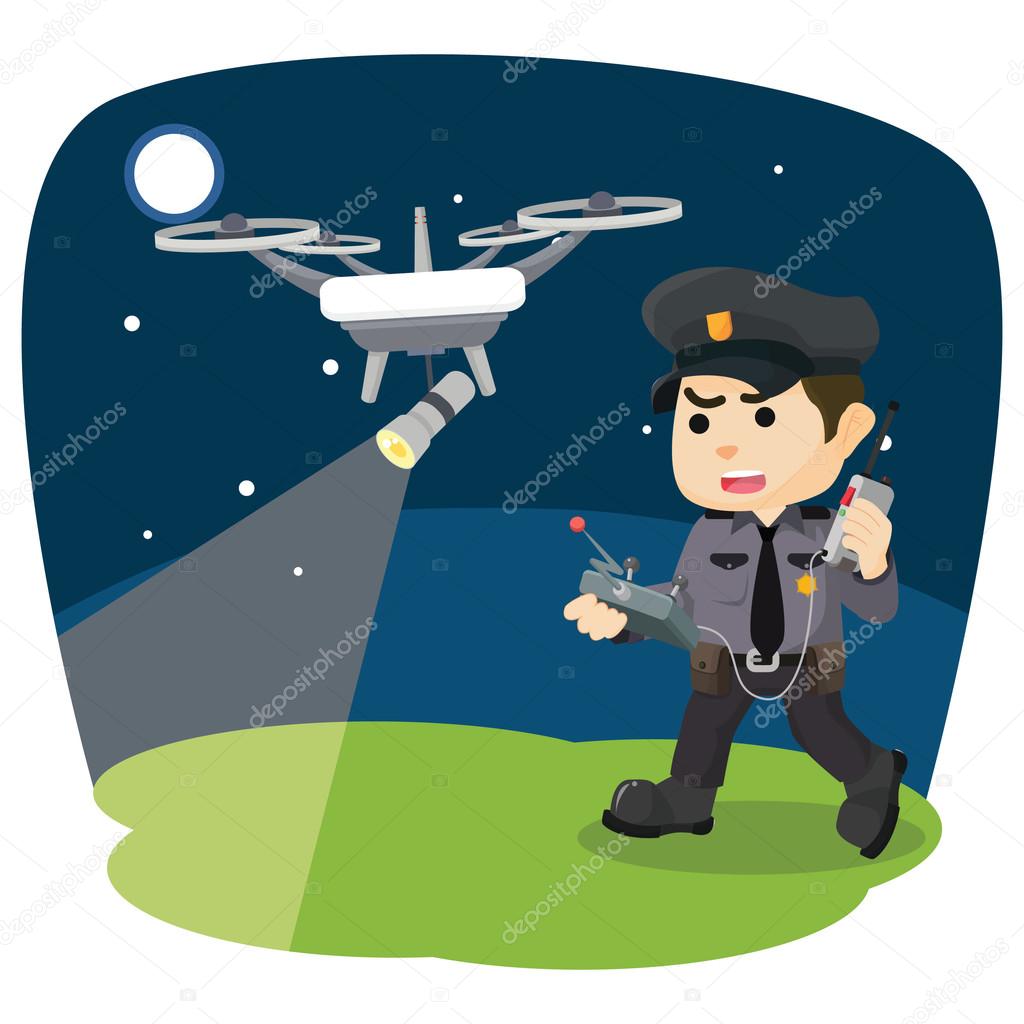 Policía con drones patrullando por la noche Vector de stock