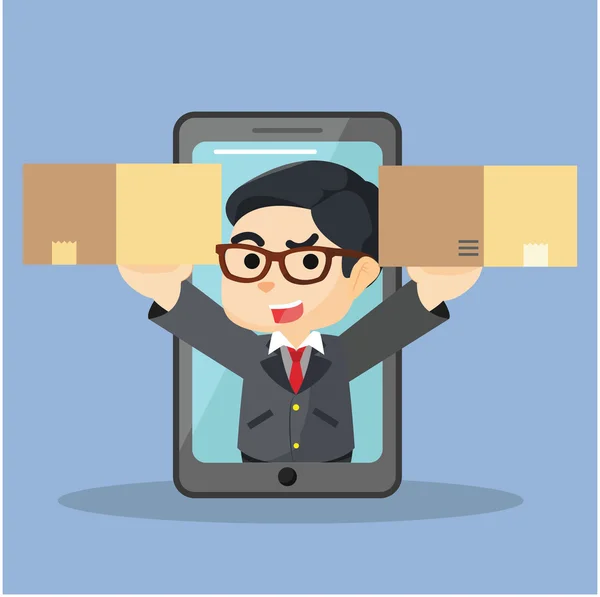 Businessman get out from phone with two box — Stock Vector