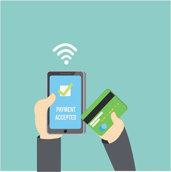 Transferencia de hombre de negocios pago móvil y tarjeta de crédito — Vector de stock