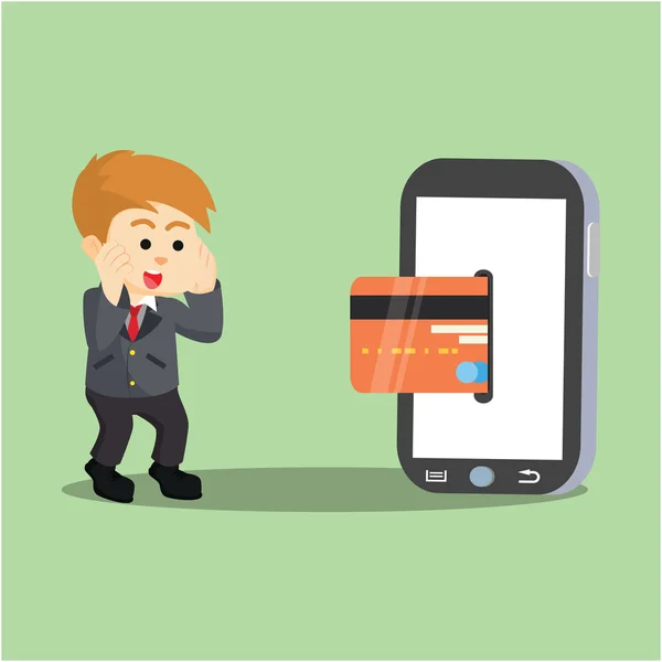 Homme d'affaires impressionné parce que le paiement mobile — Image vectorielle