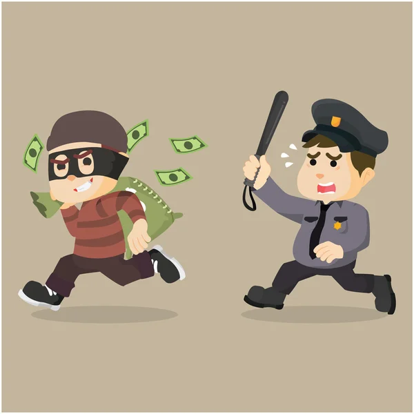 Fat police tired chasing thief — Stock Vector