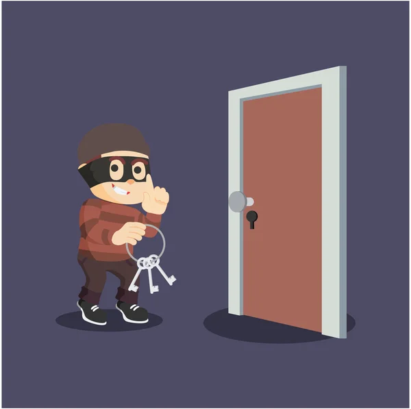 Κλέφτης με κλειδί για άνοιγμα κλειδωμένη πόρτα — Διανυσματικό Αρχείο