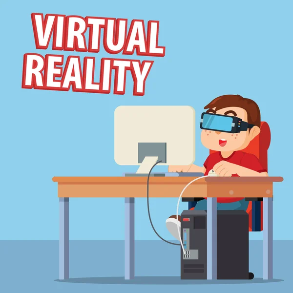 Homme jouant ordinateur avec des lunettes virtuelles — Image vectorielle