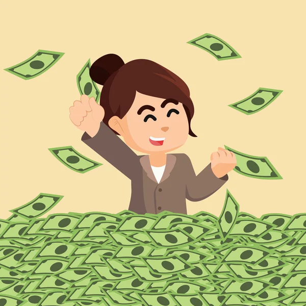 Mujer excitada con su mar de dinero — Vector de stock