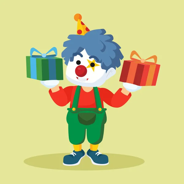 Clown in possesso di due scatola regalo — Vettoriale Stock