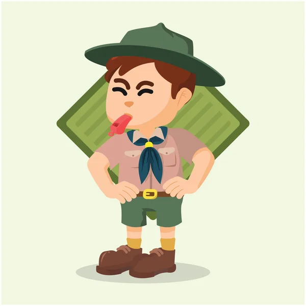 Boy scout soplando silbato — Vector de stock