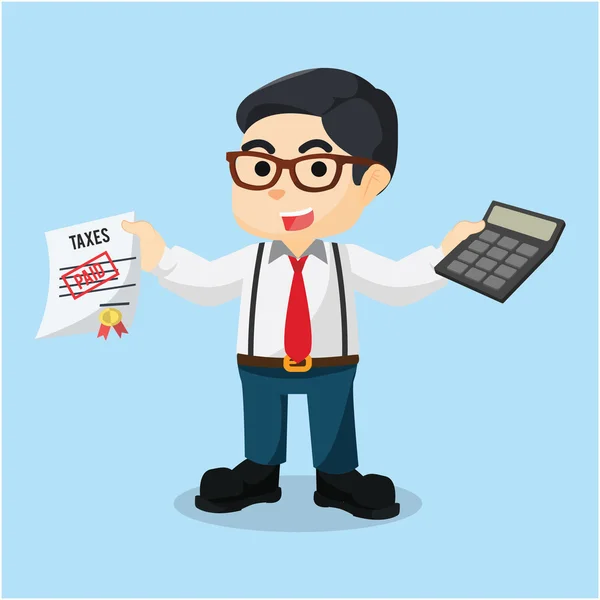 Accountant holding calculator and paid taxes — Stock Vector