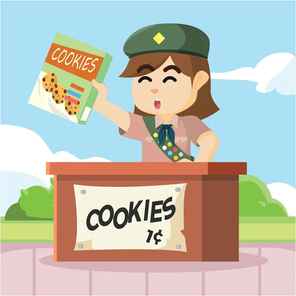 Scout chica venta galletas — Vector de stock