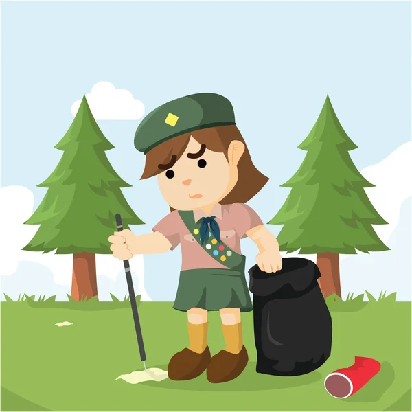 Scout chica mantener limpio el bosque — Vector de stock