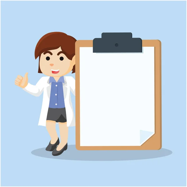 Femeie doctor holding gigant clipboard — Vector de stoc