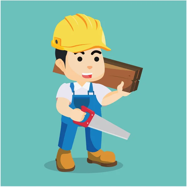 Handyman holding wooden and hacksaw — Stock Vector