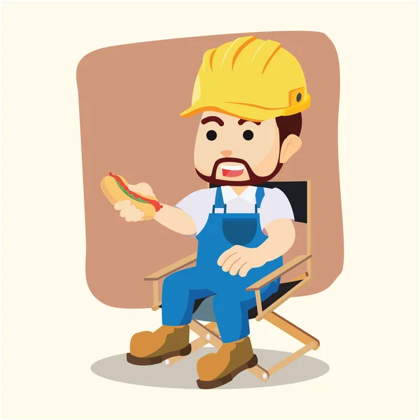 Handyman break with holding hot dog — Stock Vector