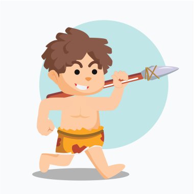 taş mızrak ile çalışan mağara adamı