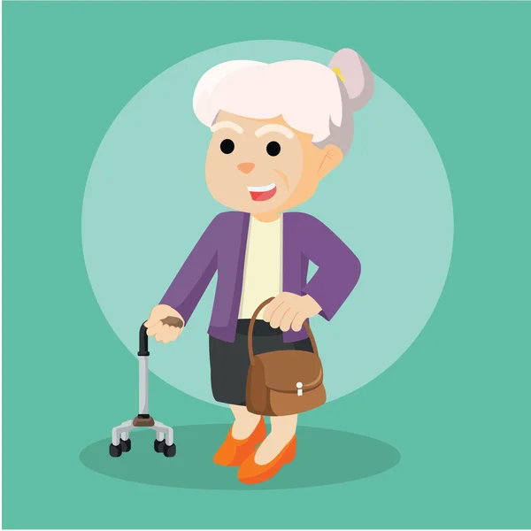 Old woman holding walking stick and bag — Stock Vector