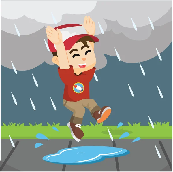 Ragazzo saltando sotto la pioggia su una pozzanghera — Vettoriale Stock
