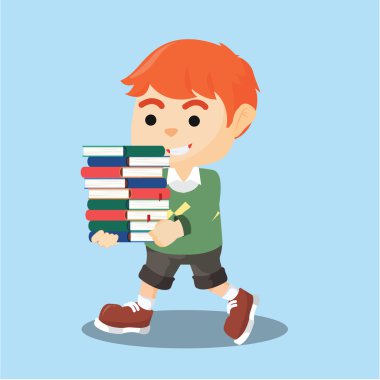pek çok kitap taşıyan çocuk
