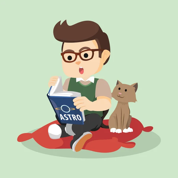Menino lendo enquanto gato assistindo colorido — Vetor de Stock