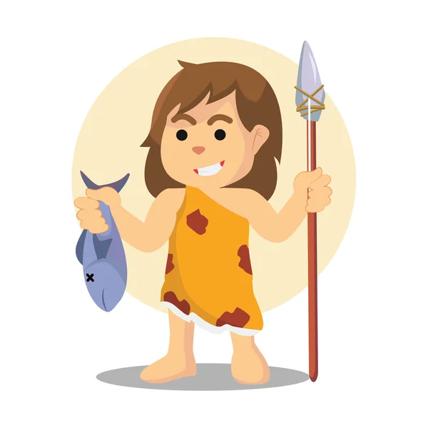 Femme de grotte tenant lance en bois et poissons — Image vectorielle